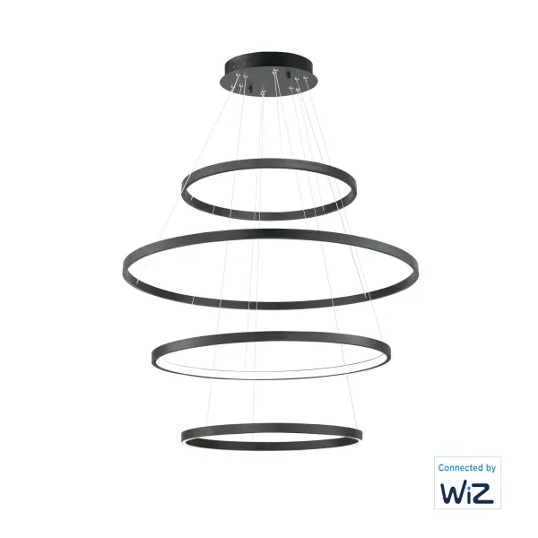 The Groove WiZ pendant combines sleek aluminum rings with intelligent LED technology, offering 5000 lumens of tunable smart lighting. WiZ connectivity enables color temperature adjustment, scheduling, and mood-based control through your smartphone.