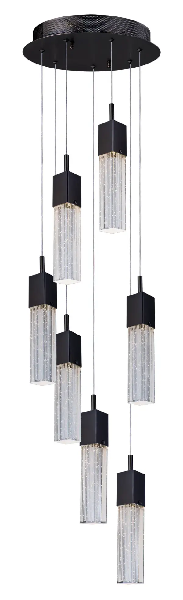 The Fizz III combines contemporary bubble glass cubes with etched linear details for a sophisticated lighting statement. High-output LEDs illuminate the effervescent glass design, creating visual interest perfect for modern dining and entertaining spaces.