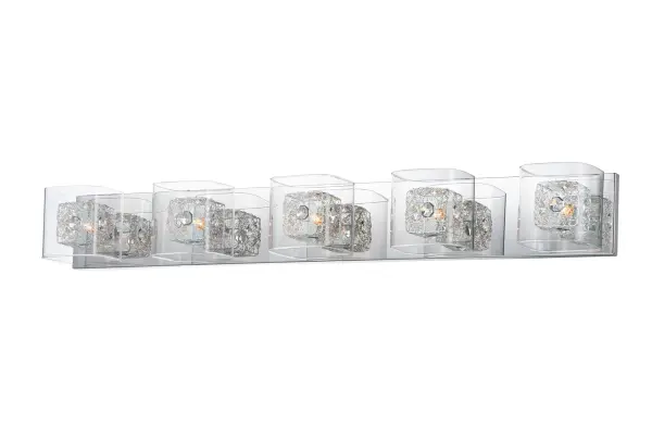 The Gem Bath Vanity creates a captivating visual with intertwined metal cubes encased in clear crystal, producing a floating illusion. With 5 lights delivering 4000 lumens, it provides excellent illumination while serving as a striking focal point.