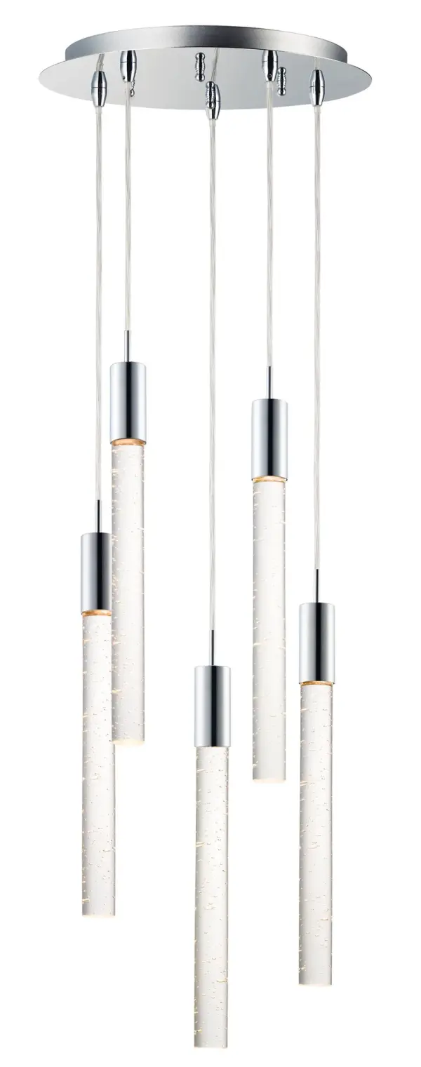 The Big Fizz 5-Light Pendant makes a bold statement with its large-scale clear bubble glass fonts suspended from sleek Polished Chrome hardware. Integrated LED modules provide excellent color rendering while illuminating the crystal from top to bottom.