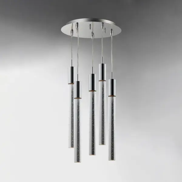 The Big Fizz 5-Light Pendant makes a bold statement with its large-scale clear bubble glass fonts suspended from sleek Polished Chrome hardware. Integrated LED modules provide excellent color rendering while illuminating the crystal from top to bottom. - alternate view