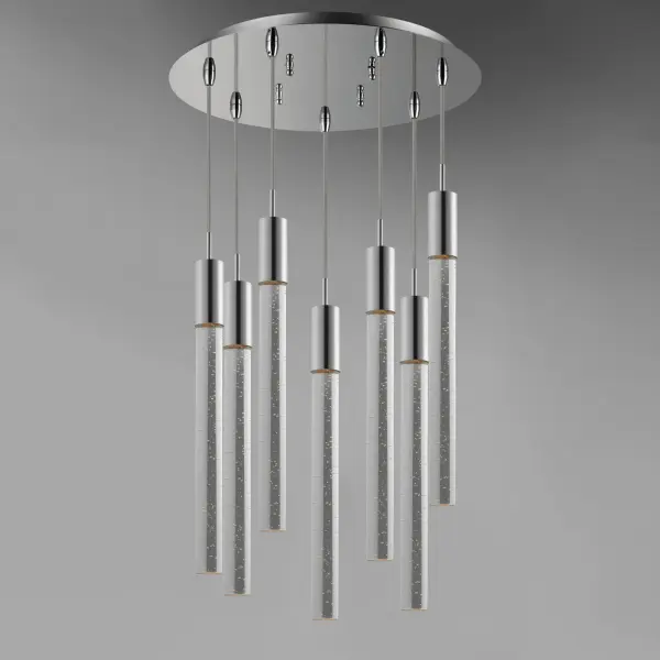 The Big Fizz 7-Light LED Pendant makes a dramatic statement with its large-scale clear bubble glass fonts suspended from sleek Polished Chrome supports. Integrated LED modules provide excellent color rendering while illuminating the glass from top to bottom, creating a captivating visual effect perfect for modern dining spaces and grand entryways. - alternate view