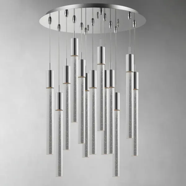 The Big Fizz 13-Light Pendant makes a dramatic impact with its large-scale clear bubble glass fonts suspended from sleek Polished Chrome hardware. Top-quality LED modules provide excellent illumination with superior color rendering, perfect for grand spaces. - alternate view