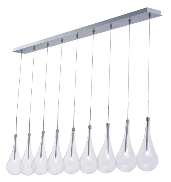 The Larmes LED Linear Pendant combines modern aesthetics with energy-efficient LED technology. Its extended clear glass profile and polished chrome finish create a sophisticated focal point perfect for dining areas and kitchen islands.