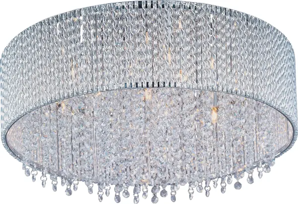 The Spiral Flush Mount combines curled metal tubing with K9 crystal beads for a luxurious look that works in low-ceiling spaces. Its polished chrome finish and sparkling crystals create visual interest while providing bright, dimmable LED light.
