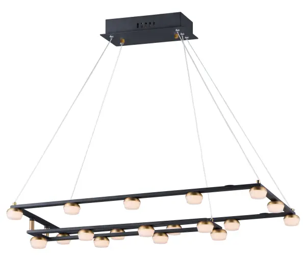 The Button Suspension Pendant combines architectural interest with functional LED lighting. Its offset ring design and two-tone black and gold finish create visual drama, while 18 integrated LED lights provide ample illumination for large spaces.