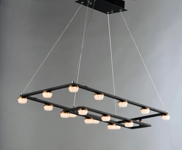 The Button Suspension Pendant combines architectural interest with functional LED lighting. Its offset ring design and two-tone black and gold finish create visual drama, while 18 integrated LED lights provide ample illumination for large spaces. - alternate view
