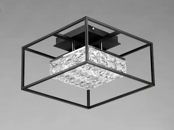 The Zephyr combines beveled crystal cylinders with a sleek black metal frame, creating a stunning lighting effect. Its flush mount design makes it perfect for rooms with lower ceilings while delivering 1750 lumens of warm LED light. - alternate view