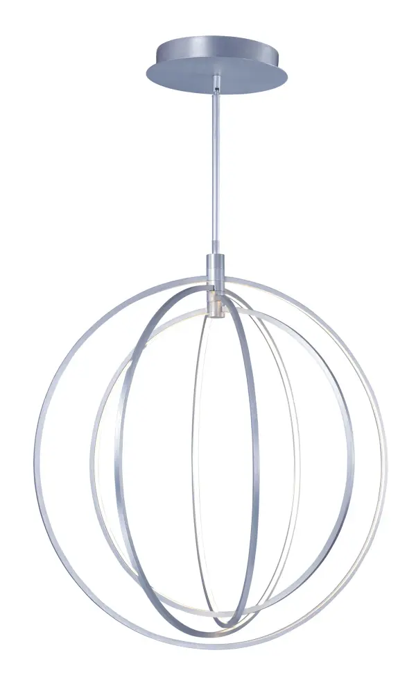 The Concentric LED pendant features four orbital rings creating a unique spherical design. Internal LED strips provide both direct and indirect lighting with 3675 lumens, making it a functional statement piece for modern interiors.