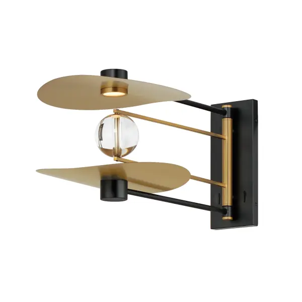 The Pearl sconce combines artistic design with practical functionality, featuring crystal orbs behind curved brass shades. Rotating LED housings offer versatile lighting options—upward for ambient glow or downward for task lighting. Individual switches make it ideal for bedside use.