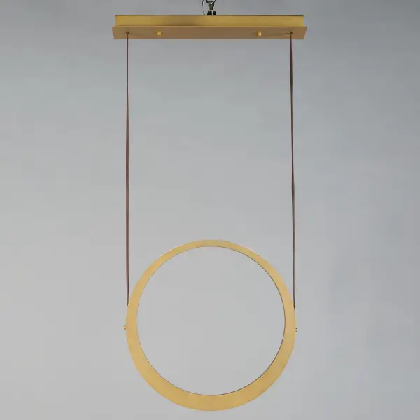 The Tether pendant combines industrial materials with refined design. Tapered brass rings suspended by leather straps create visual interest while concealed LEDs provide efficient indirect lighting. Perfect for modern and transitional spaces. - alternate view