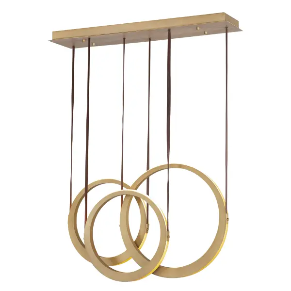 The Tether pendant combines industrial materials with organic warmth through its brass rings suspended by leather straps. Concealed LED sources create beautiful indirect lighting that illuminates neighboring rings while casting ambient light above and below.