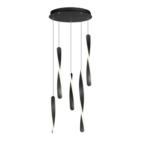 The Pirouette pendant features twisted black aluminum forms with edge-lit integrated LED creating a mesmerizing spiral effect. This 5-light fixture delivers 3900 lumens of warm illumination while making a bold contemporary statement.