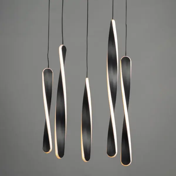 The Pirouette pendant features twisted black aluminum forms with edge-lit integrated LED creating a mesmerizing spiral effect. This 5-light fixture delivers 3900 lumens of warm illumination while making a bold contemporary statement. - alternate view