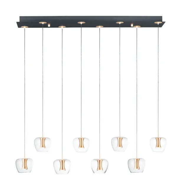 The Newton 8-Light Pendant combines contemporary design with practical LED illumination. Clear apple-shaped glass shades paired with mixed metal finishes create visual interest, while integrated LEDs provide efficient, glare-free lighting perfect for high-ceiling spaces.
