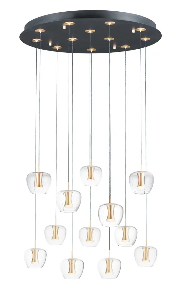 The Newton Multi-Light Pendant combines contemporary design with practical illumination. Clear apple-shaped glass shades paired with black and gold finishes create dramatic visual impact, while integrated LEDs provide even, glare-free lighting.