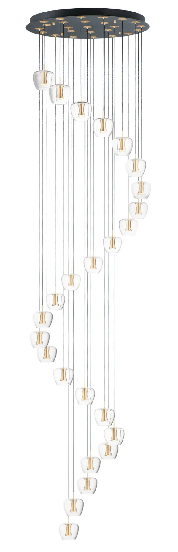 The Newton multi-light pendant makes a bold architectural statement with 25 clear apple-shaped glass shades suspended from machined aluminum fonts. Pre-arranged for easy installation, this oversized fixture is perfect for tall ceilings.