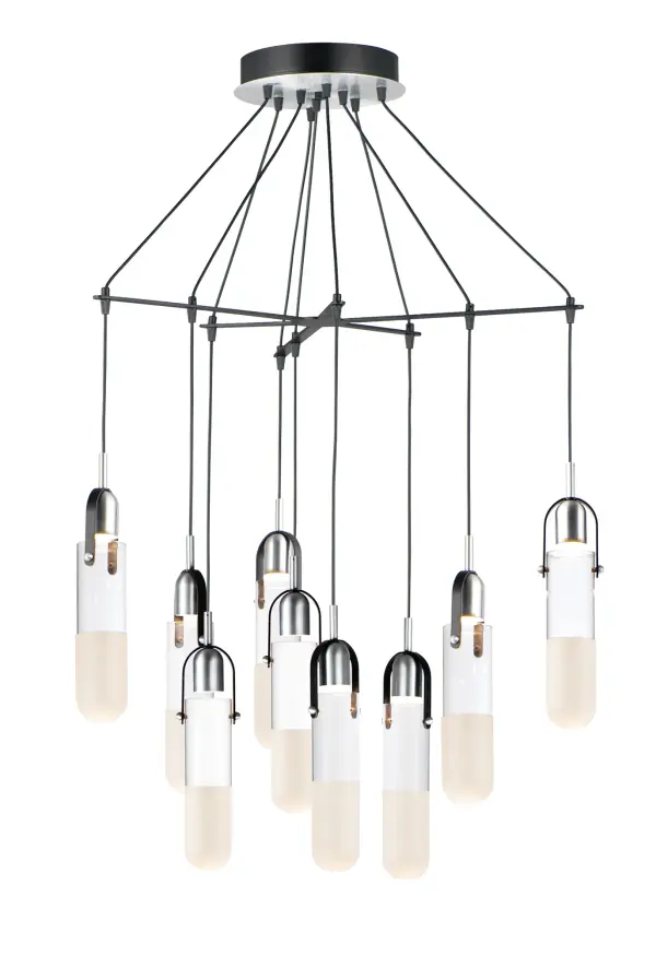 The Capsule Disc pendant combines frosted and clear glass vessels with brushed aluminum accents for a sophisticated contemporary look. Nine LED lights provide ample illumination while unique separators add architectural interest.