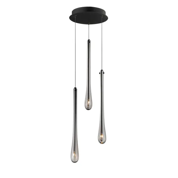 The Stillo combines artisanal hand-blown glass with contemporary design, featuring elongated teardrop shades in Mirror Smoked glass paired with Matte Black metalwork. Energy-efficient LED lighting creates ambient illumination perfect for intimate spaces.