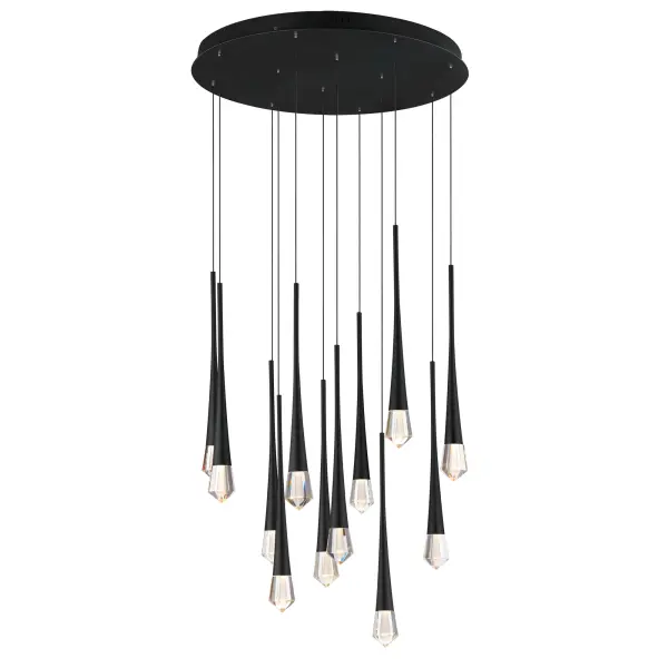 The Pierce chandelier makes a bold statement with its elongated multi-tier profile featuring 12 LED-illuminated faceted crystal elements suspended on thin black wires. The interplay of matte black metal and brilliant crystal creates stunning visual impact.