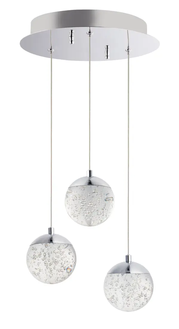 The Orb II delivers contemporary elegance with its polished chrome finish and clear K9 crystal bubble glass. The integrated LED module provides efficient lighting while maintaining a sleek, screw-free aesthetic.