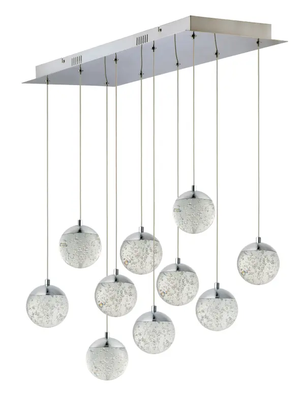 The Orb II combines elegant K9 crystal bubble glass spheres with integrated LED technology in a sleek polished chrome finish. This 10-light pendant delivers 4000 lumens of warm light while maintaining a clean, contemporary aesthetic.