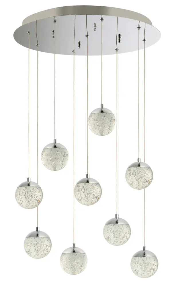 The Orb II features 9 clear bubble glass spheres with integrated LED modules in polished chrome caps. The screw-in glass design eliminates visible hardware for a sleek, contemporary look that works in both residential and commercial settings.
