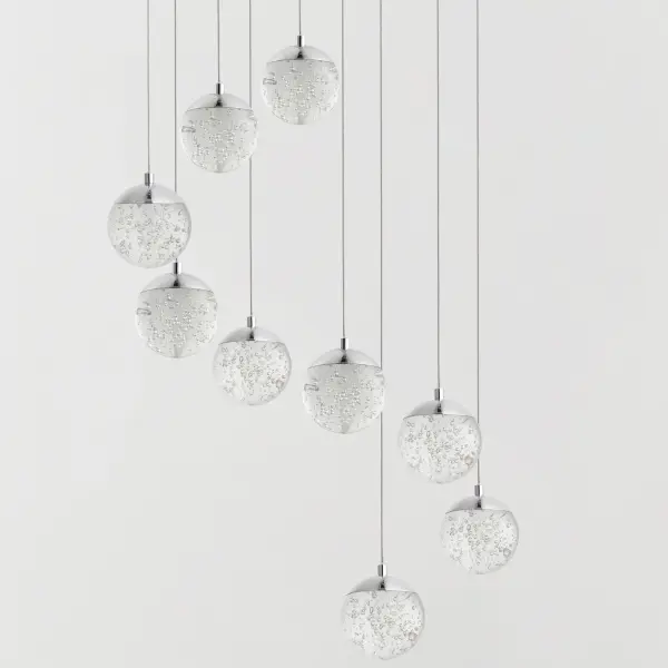 The Orb II features 9 clear bubble glass spheres with integrated LED modules in polished chrome caps. The screw-in glass design eliminates visible hardware for a sleek, contemporary look that works in both residential and commercial settings. - alternate view
