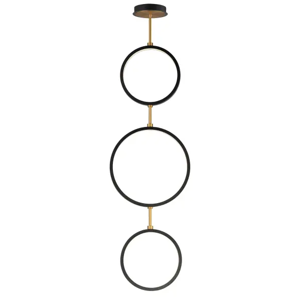 The Hoopla pendant features concentric rings in sophisticated black suspended from a gold column, creating a sculptural focal point. Its European-inspired design brings contemporary elegance to entryways and dining spaces.