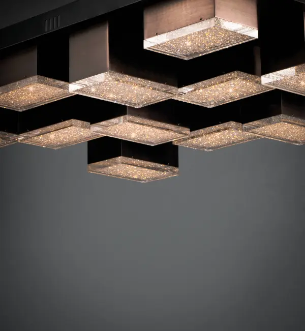 The Pizzazz LED flush mount features interconnected rectangular aluminum cubes in polished chrome with a crystalline acrylic diffuser. Delivers 4536 lumens of bright, energy-efficient LED light in a striking geometric design. - alternate view