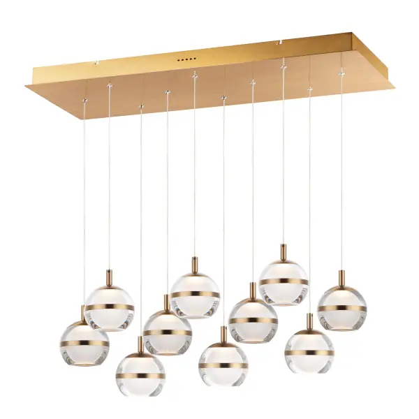 The Swank 10-Light Linear Pendant combines contemporary elegance with functional design. Clear acrylic orbs with metal banding and frosted interiors provide excellent light diffusion, while dimpled bottoms create unique optical effects.