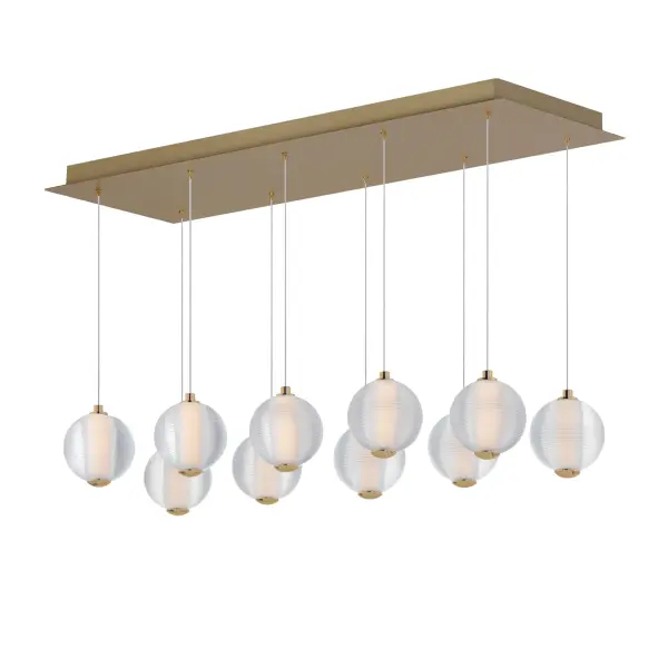 The Rhythm Linear Pendant makes a bold statement with ten perfectly ribbed glass spheres radiating omnidirectional LED light. The lustrous glow accentuates the repeating pattern while minimal hardware keeps focus on the sculptural design.