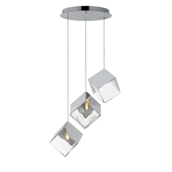 The Ice Cube pendant brings architectural drama with oversized cast glass cube shades suspended from polished stainless steel frames. Its clean geometric design and reflective chrome finish create visual interest while providing efficient LED illumination.