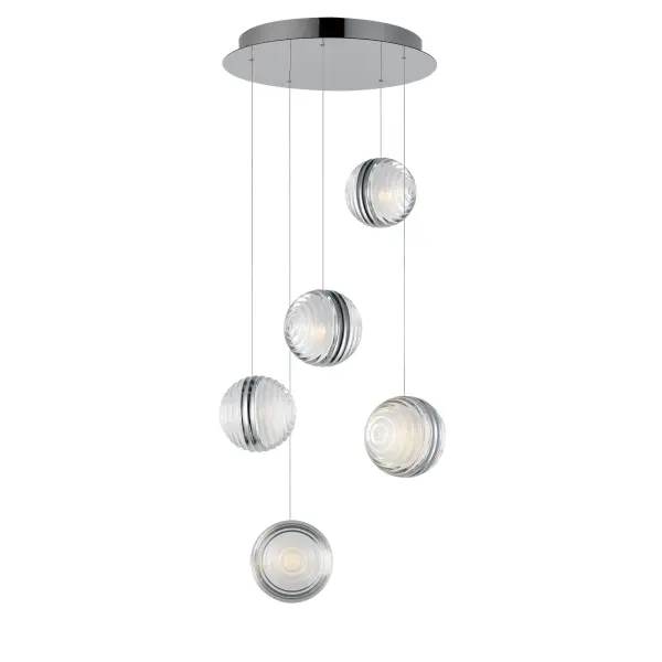 The Pulse 5-Light Pendant features ridged acrylic profiles along polished chrome extrusions, creating a dynamic frequency of light. Integrated LED technology delivers 2100 lumens with excellent color rendering for modern interiors.