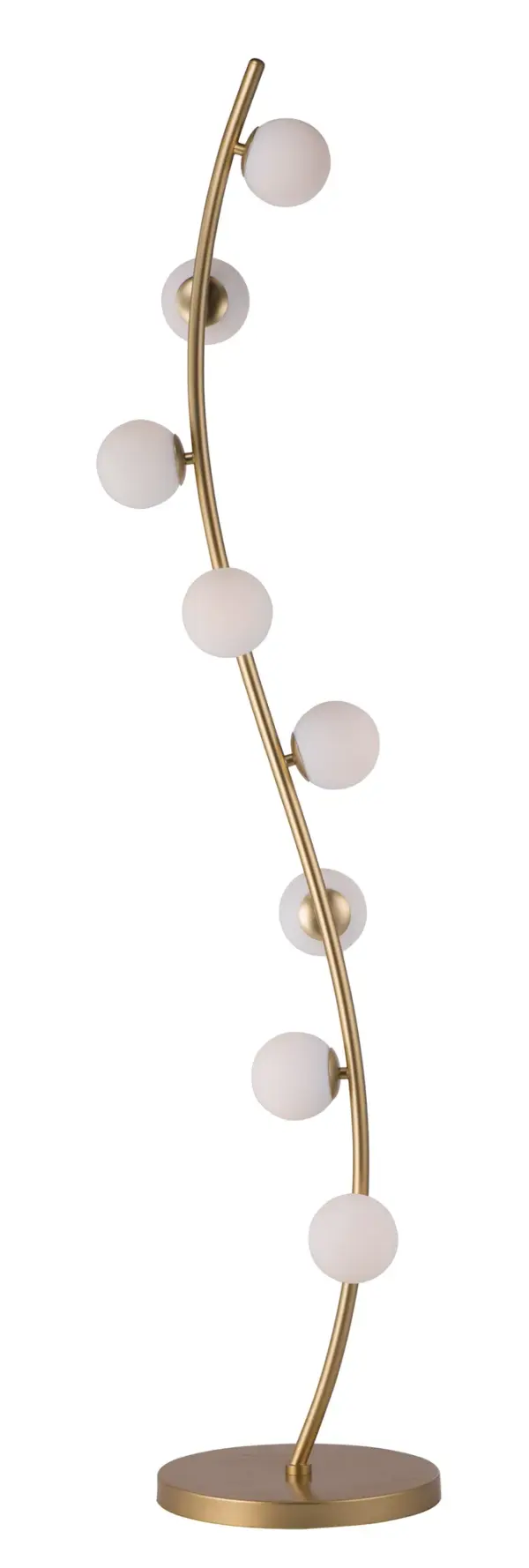 The Rover Floor Lamp brings nature-inspired elegance indoors with its curved metallic gold stem adorned with satin white glass globes. Integrated LED technology provides warm, energy-efficient lighting perfect for modern living spaces.
