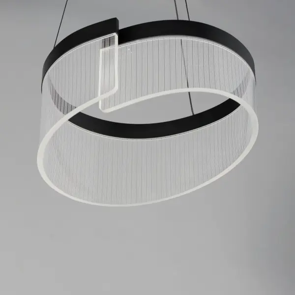 The Sonata pendant features elegant curved aluminum channels supporting patterned translucent acrylic in vertical stripes. Its instrumental form and concealed LED lighting create a sophisticated statement piece for modern interiors. - alternate view