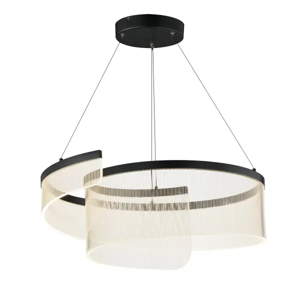 The Sonata pendant features elegant curved aluminum channels supporting patterned acrylic in vertical stripes, creating a sculptural statement piece. Integrated LED technology delivers 2000 lumens of warm light while the contemporary design suits both modern and classical interiors.