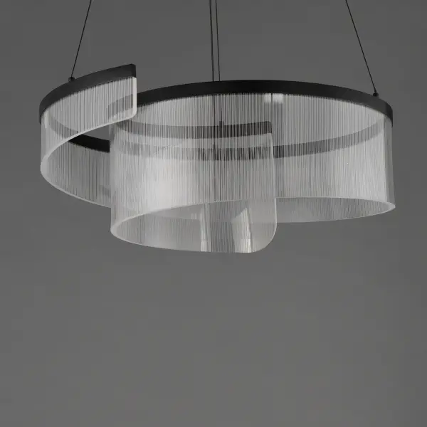 The Sonata pendant features elegant curved aluminum channels supporting patterned acrylic in vertical stripes, creating a sculptural statement piece. Integrated LED technology delivers 2000 lumens of warm light while the contemporary design suits both modern and classical interiors. - alternate view