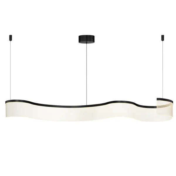The Sonata pendant features elegant curved aluminum channels supporting patterned acrylic in vertical stripes, creating a sculptural statement piece. Integrated LED lighting illuminates the translucent acrylic for dramatic effect.