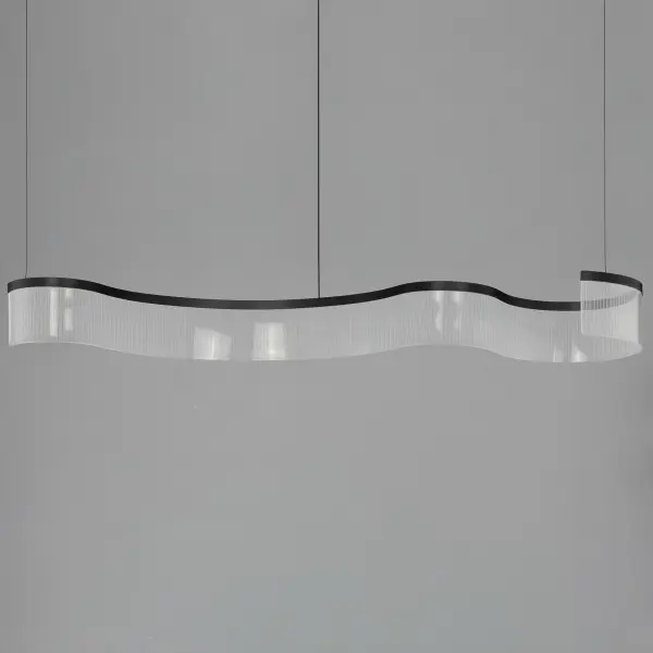 The Sonata pendant features elegant curved aluminum channels supporting patterned acrylic in vertical stripes, creating a sculptural statement piece. Integrated LED lighting illuminates the translucent acrylic for dramatic effect. - alternate view
