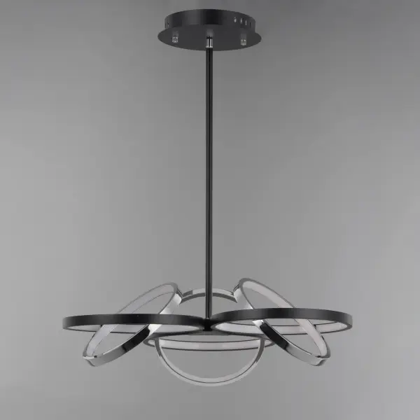 The Gyro II transforms lighting into an interactive art piece with its rotating concentric bands that adjust on three axes. Featuring integrated LED strips within slender Black and Polished Chrome bands, this fixture delivers 5140 lumens while serving as a stunning focal point. - alternate view