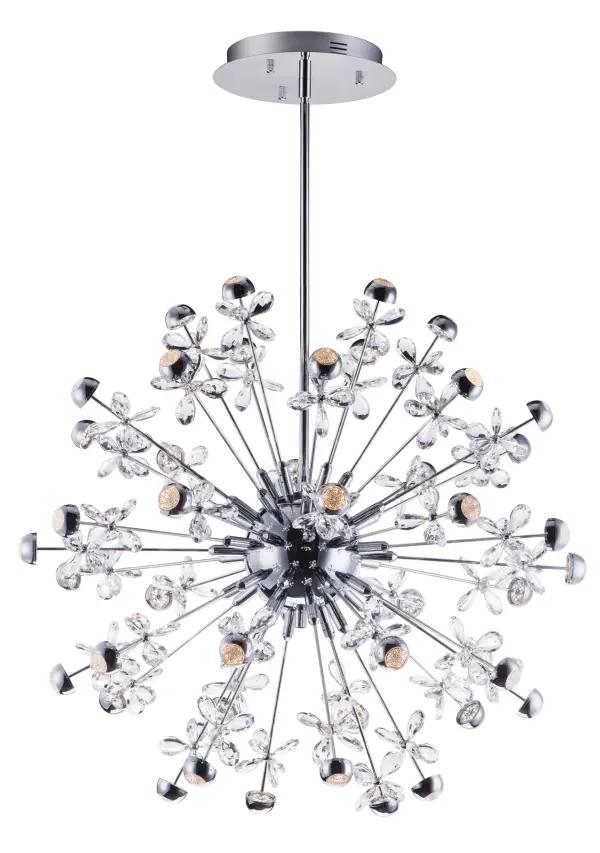 The Supernova pendant creates a stunning astronomical-inspired display with beveled crystals backlit by LED modules in polished chrome housings. This dramatic multi-light fixture delivers 3630 lumens of warm 3000K light with exceptional CRI 90 color rendering, perfect for making a bold statement in dining rooms, foyers, or grand living spaces.