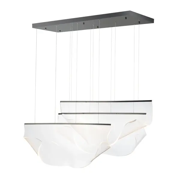 The Rinkle pendant transforms lighting into art with hand-shaped transparent acrylic sheets that capture LED glow within stainless steel strips. Its adjustable wire suspension creates a floating sculpture effect, perfect for making a statement in contemporary spaces.