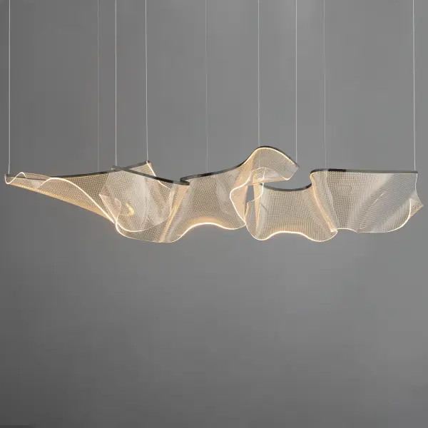 The Rinkle pendant transforms lighting into floating art with hand-shaped transparent acrylic and concealed LED strips. Its modular, adjustable configuration and brushed gunmetal finish create a showstopping focal point for contemporary spaces. - alternate view