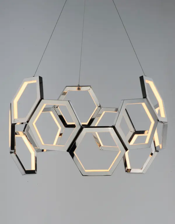A stunning architectural statement piece featuring hexagonal polished chrome sections expertly assembled into a magnificent geometric form. This LED pendant showcases exceptional craftsmanship with warm 3000K light output. - alternate view