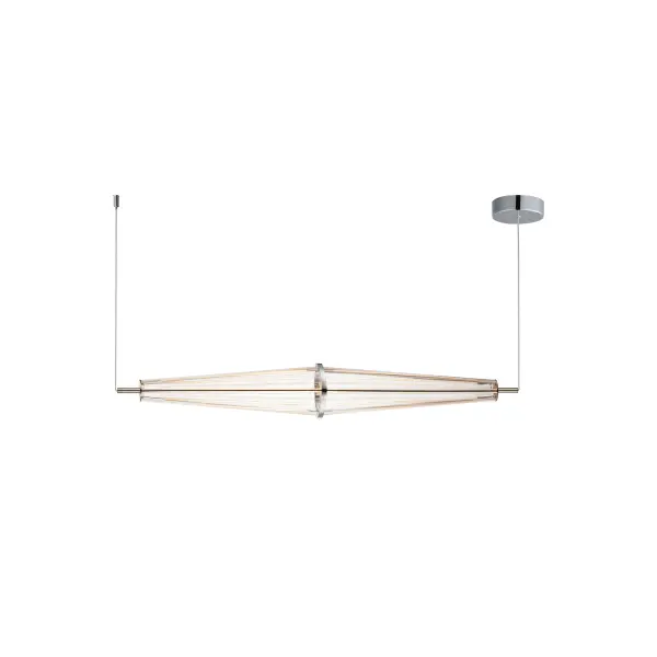 The Quasar Linear Pendant features an innovative design with stainless steel and light-guided acrylic forming elongated rhombus shapes. Its 35.5-inch length and polished chrome finish make it perfect for modern spaces.
