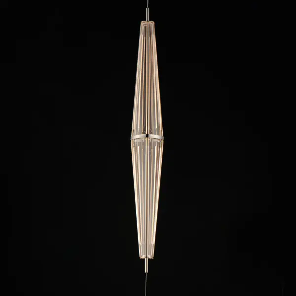 The Quasar Linear Pendant features an innovative design with stainless steel and light-guided acrylic forming elongated rhombus shapes. Its 35.5-inch length and polished chrome finish make it perfect for modern spaces. - alternate view