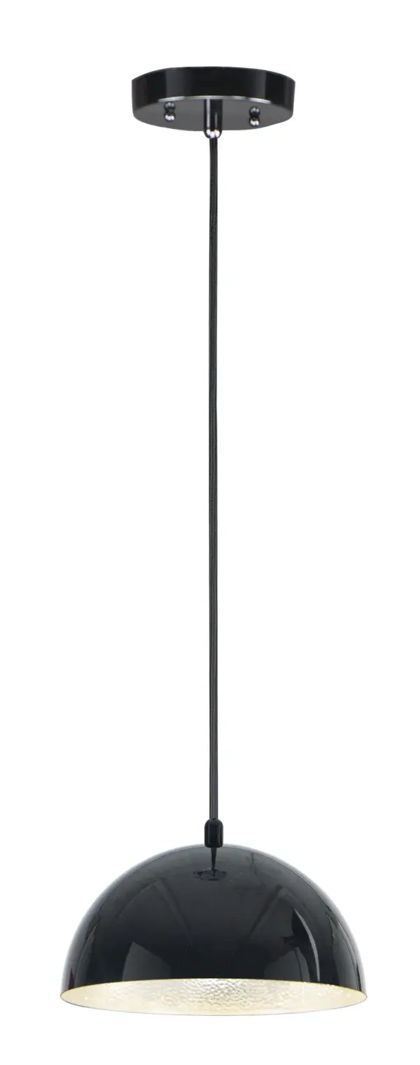 The Hemisphere pendant combines industrial aesthetics with modern LED efficiency. Its hammered aluminum interior maximizes light output while the glossy black exterior provides a sleek, contemporary finish.