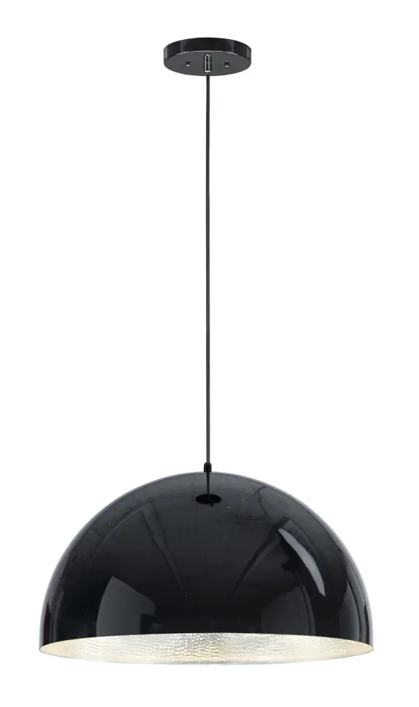 The Hemisphere pendant combines industrial aesthetics with modern LED efficiency. Its double-thick hammered aluminum interior maximizes light output while the high-gloss black exterior creates striking visual impact.