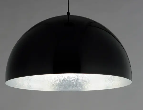 The Hemisphere pendant combines industrial aesthetics with modern LED efficiency. Its double-thick hammered aluminum interior maximizes light output while the high-gloss black exterior creates striking visual impact. - alternate view